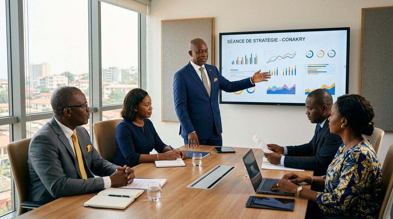 Séance de stratégie à Conakry : un consultant présente des tableaux de bord à une équipe