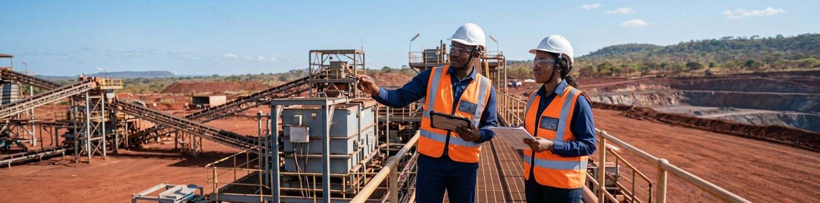 Deux consultants en casque et gilet auditent une infrastructure minière
